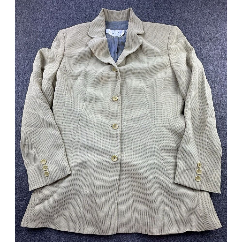 Vintage Garfield Marks Blazer Womens 4 Beige Blue Checkered Textured Suit Jacket